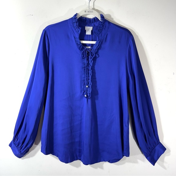 NWT Chicos Ruffle Tie Neck Pullover Blouse Royal Blue Sz  12~14 small flaw - Picture 1 of 11